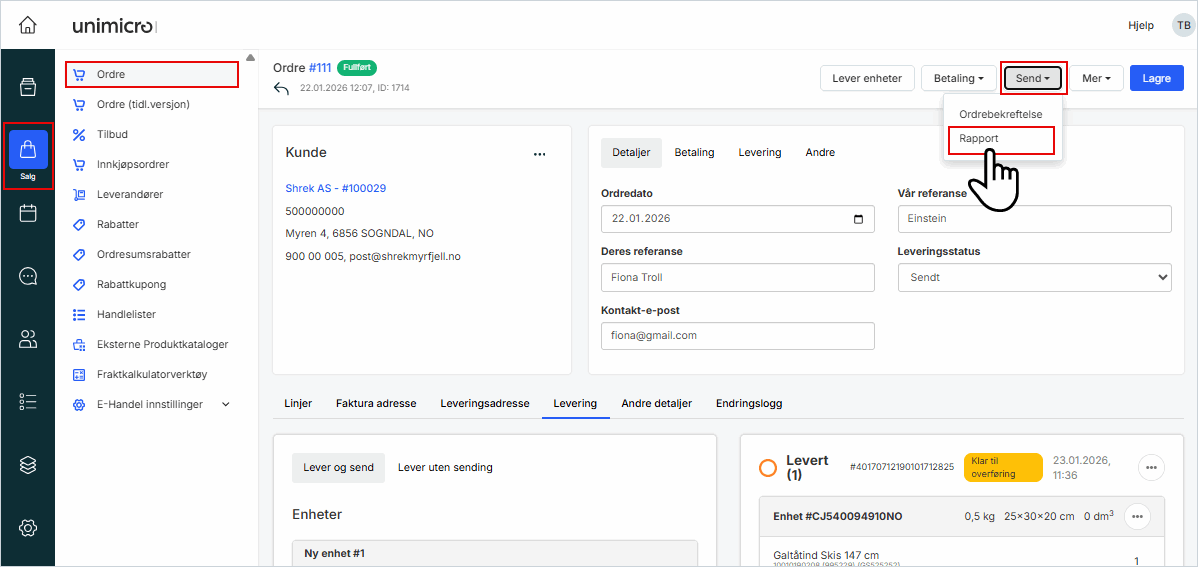 Skriv ut eller send pakkseddel - Unimicro Netthandel