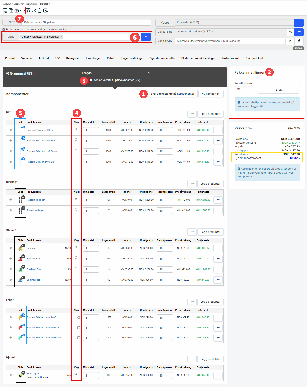 Pakkeprodukt innstillinger Pakkeprodukt innstillinger